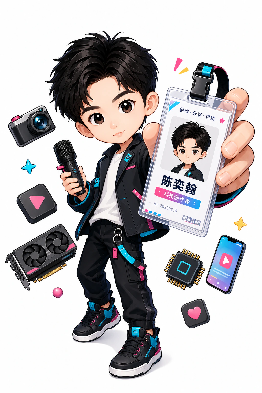 陈奕翰手持创作者证件的个人形象
